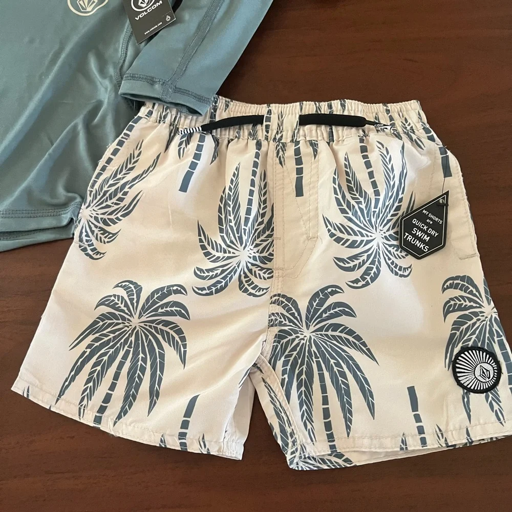 Volcom NWT Kids Teal Rash Guard with Cream Palm-Print Swim Shorts